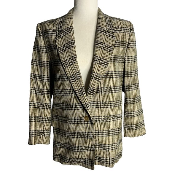 Vintage 70s Wool Blazer Jacket 10 Black Tan Plaid Lined Notch Collar Button - Picture 1 of 6